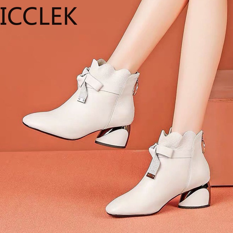 Women Ankle Boots Autumn Winter Shoes Med Heels Bare Boots Bow Dress Shoes Female Boots Wave White Botas Mujer