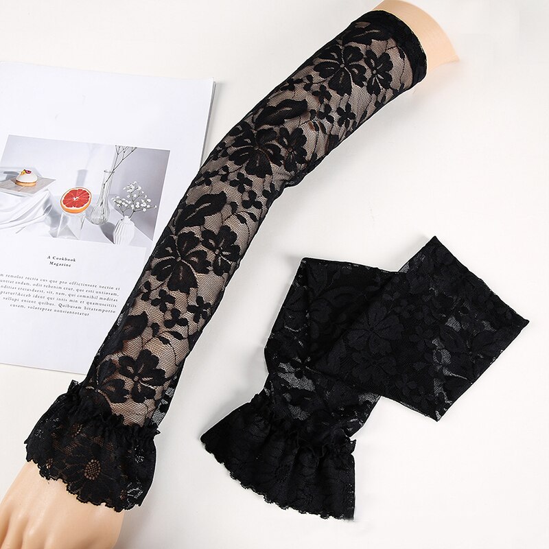Protector solar de encaje para mujer, manoplas de manga de brazo, cubierta de brazo de clásica, protección UV, puños de brazo de hielo, guantes de conducción sin dedos: Negro