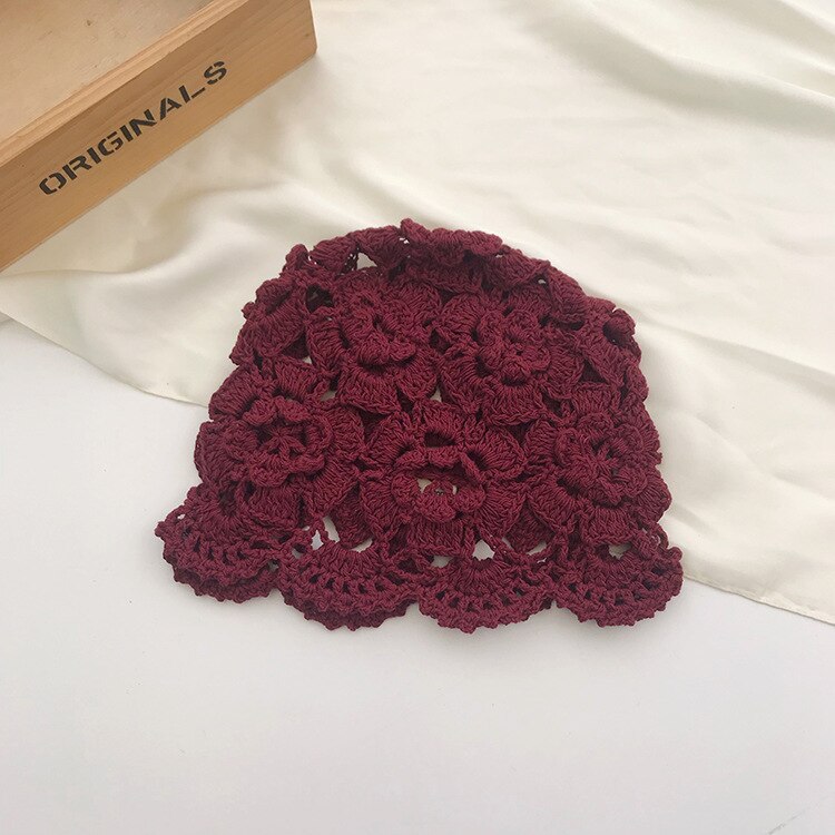 Boina de lana con flor hueca tejida a mano para mujer, sombrero de pintor de punto con temperamento Retro de piel de melón, Otoño e Invierno: 2