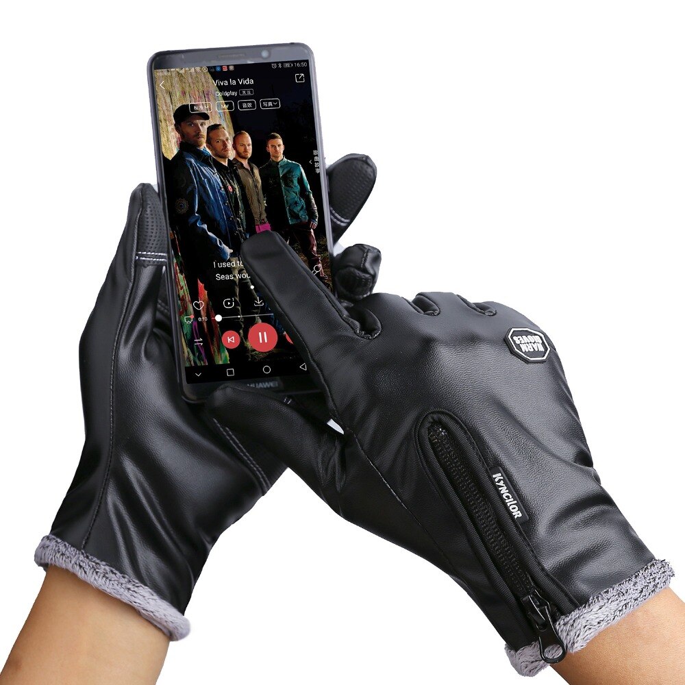 Mannen Lederen Handschoenen Fluwelen Vrouwelijke Waterdichte Wanten Luva Guantes Screen Touch Wandelen Handschoenen Winter Voor Wandelen Fietsen Zwart