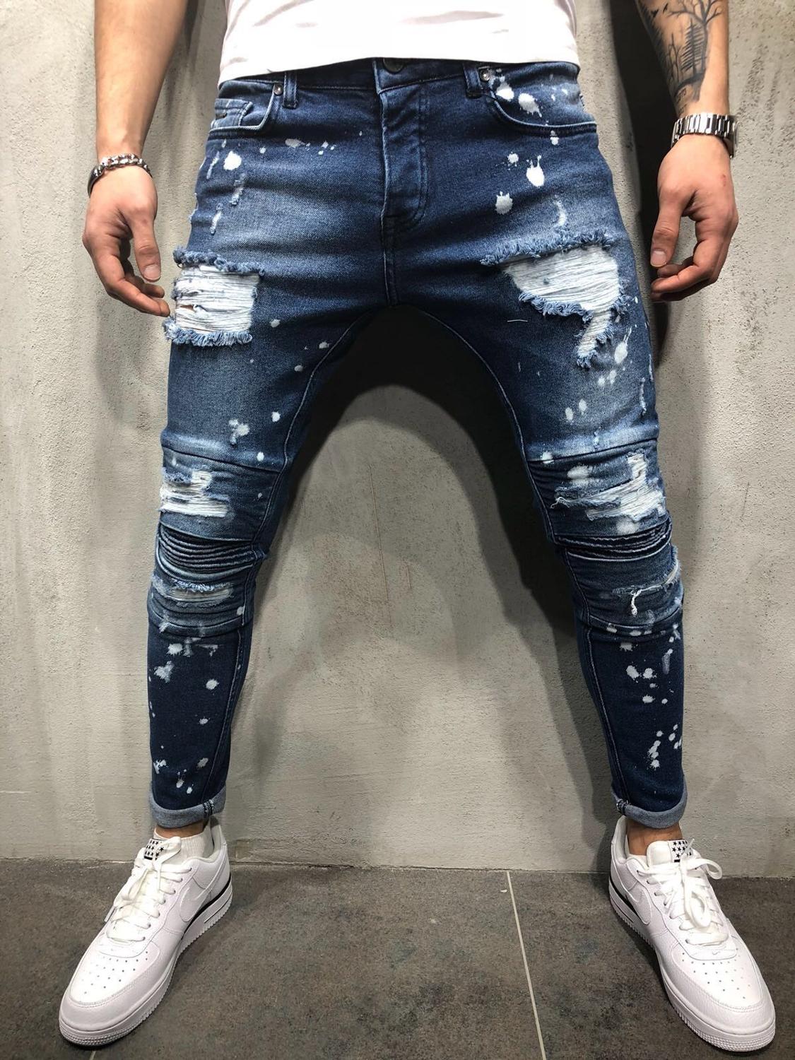 Hommes extensible déchiré maigre Moto & Biker broderie impression Jean trou détruit coupe mince Denim crayon Jean vêtements de travail
