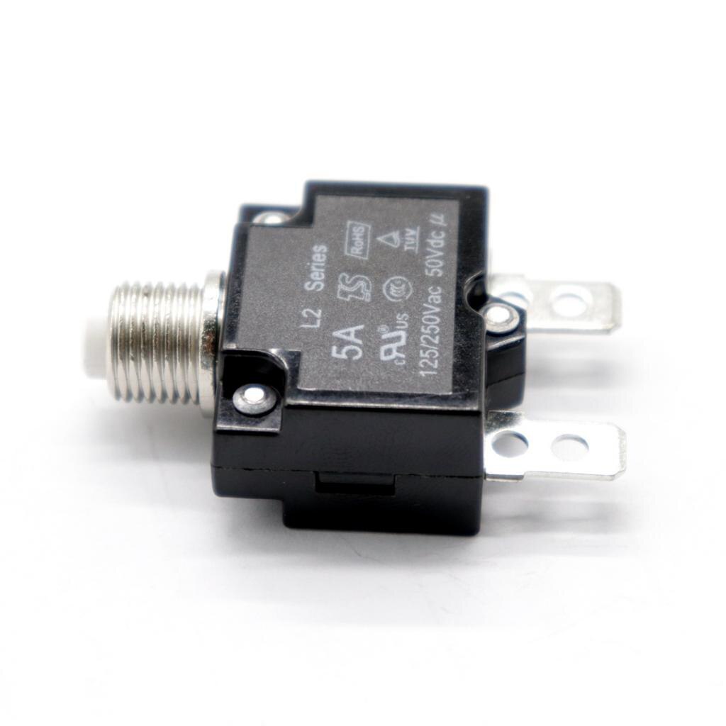 Disyuntor de botón pulsador de 5 amperios, 50V CC o 250V CA, se monta en un orificio redondo de 3/8 pulgadas (10mm), tapa de botón transparente