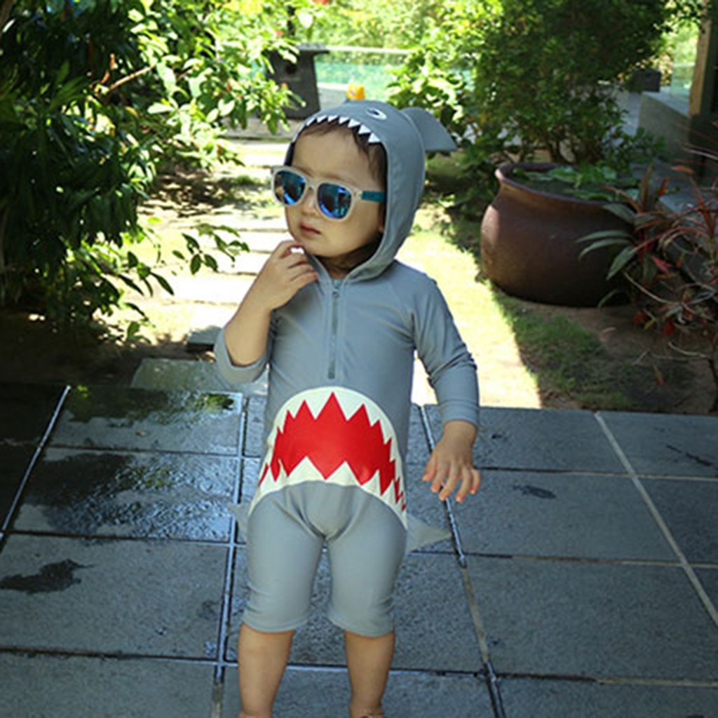 Children Swimwear Boys Girls Kids Long Sleeve Cartoon Shark Hooded Beach One Piece Swimsuit suit#40