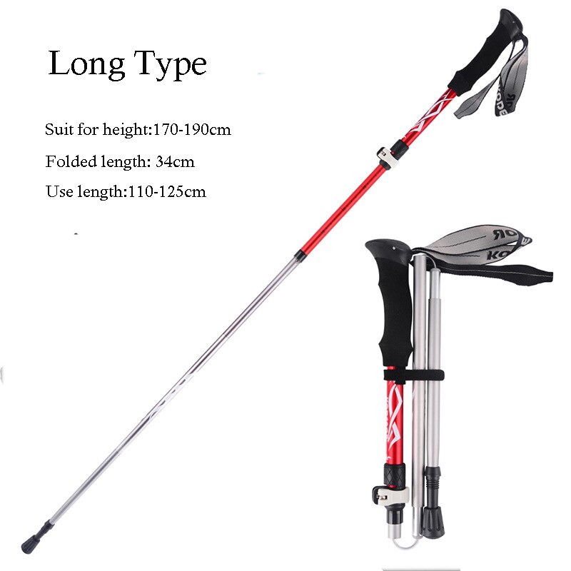 5 knop utendørs aluminium sammenleggbar ultralett teleskopisk vandring forsyninger støtdemper trekking stang spaserstokk: Lang rød
