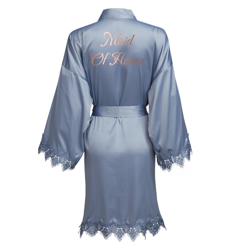 YUXINBRIDAL Dusty Blue Matt Satin Lace Robe with Trim Gown Bridal Wedding Bride Robes Bridesmaid Kimono Robe Bridal Robes: D blue maid honor / One Size