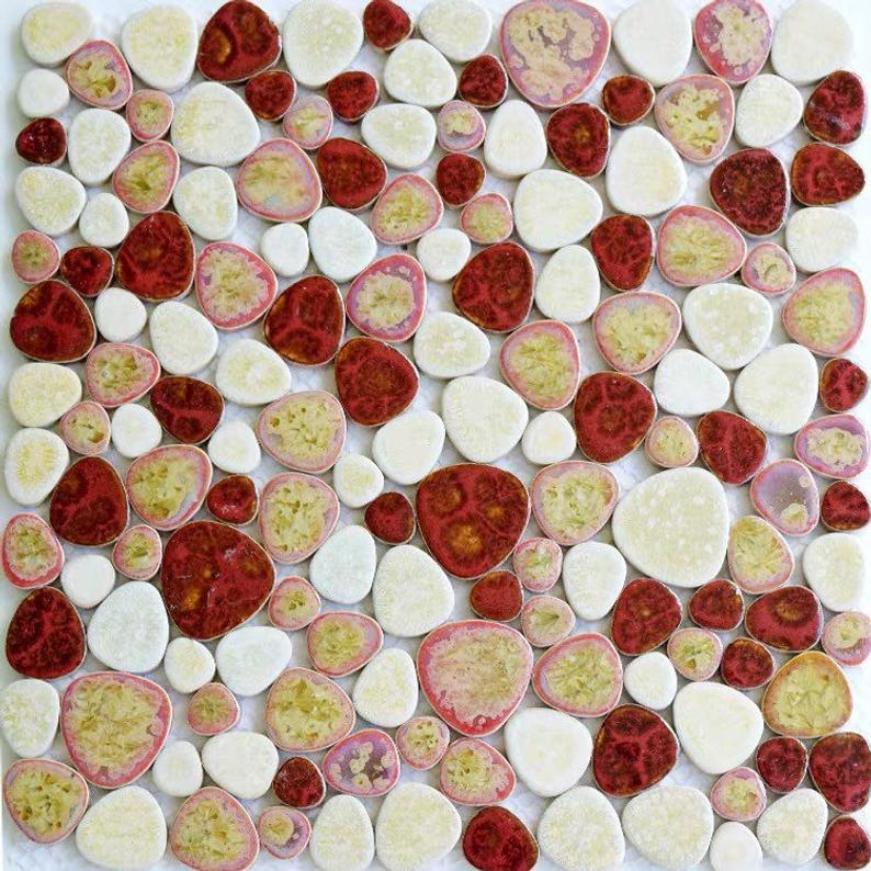 Glazed Beige Red Pink Pebble Kitchen Wall Tile PPMTAJ03 Bathroom Flooring Wall Ceramic Mosaic