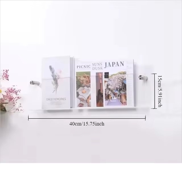 Vägghängande displayhylla i akryl, tidskriftsställ, bildhållare, skivorganisatör, flytande litteraturvägghängande förvaringsställ: Vit