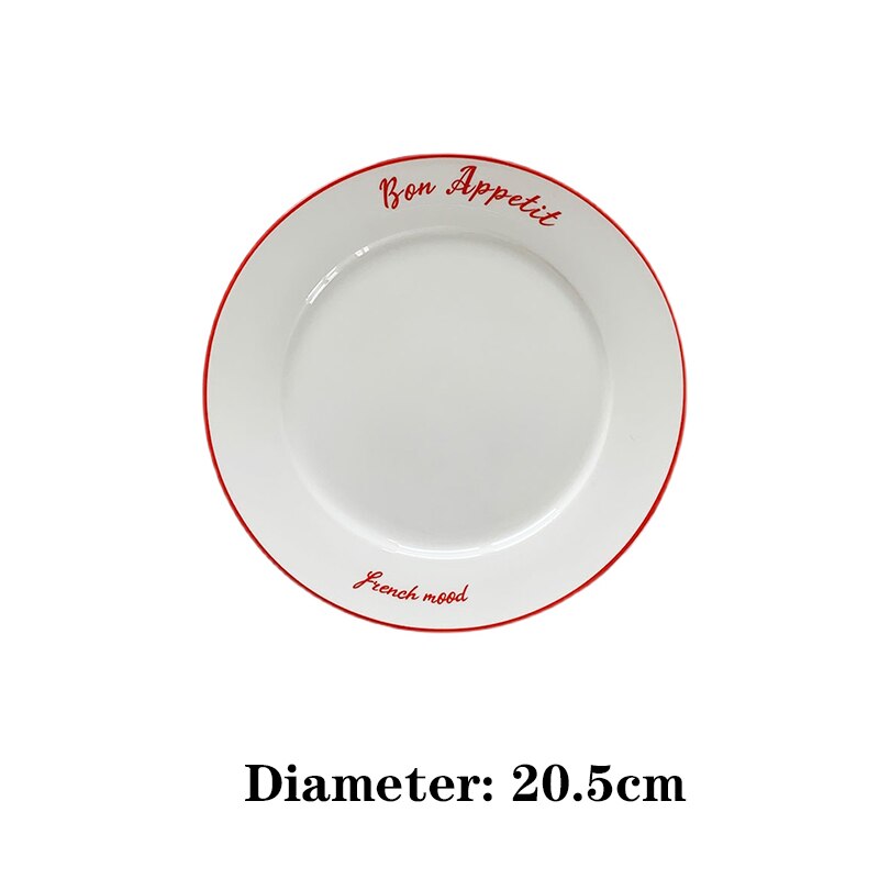 LadyCC French Retro Red Line Ceramic Dessert Plate French Letter Breakfast Plate Pasta Plate Bread Plate Restaurant: Default Title