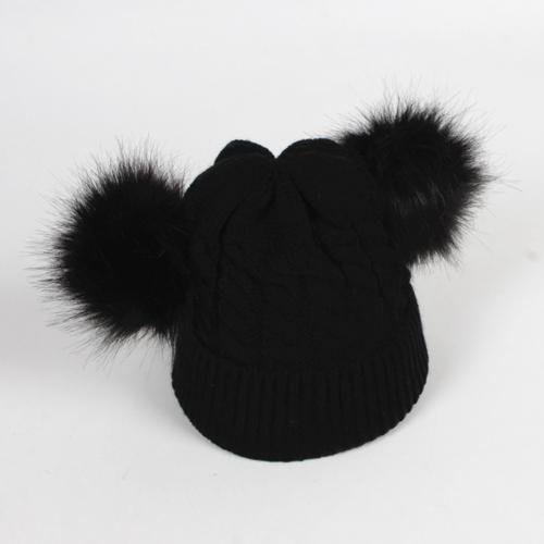 Gorros de invierno para niños, orejas para niñas, niños, gorros cálidos, gorros de invierno para bebés, gorro trenzado de doble Pompón, gorro de punto, conjunto de bufanda de cuello cálido: Black