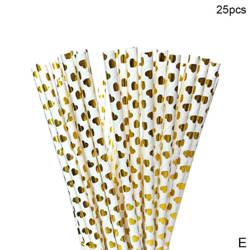 50pcs Gold foil Disposable Paper Straw Christmas Wedding Cartoon Birthday Supplies Party Degradable Juice Drink Straw Kids G2M4: E