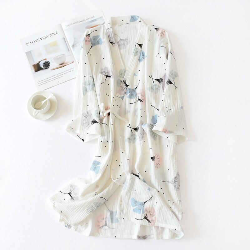 Bata de baño de gasa para mujer, estilo japonés, 100% algodón, bonita bata de baño para el hogar, Kimono largo estampado, ropa de noche para el hogar: print 1 / M