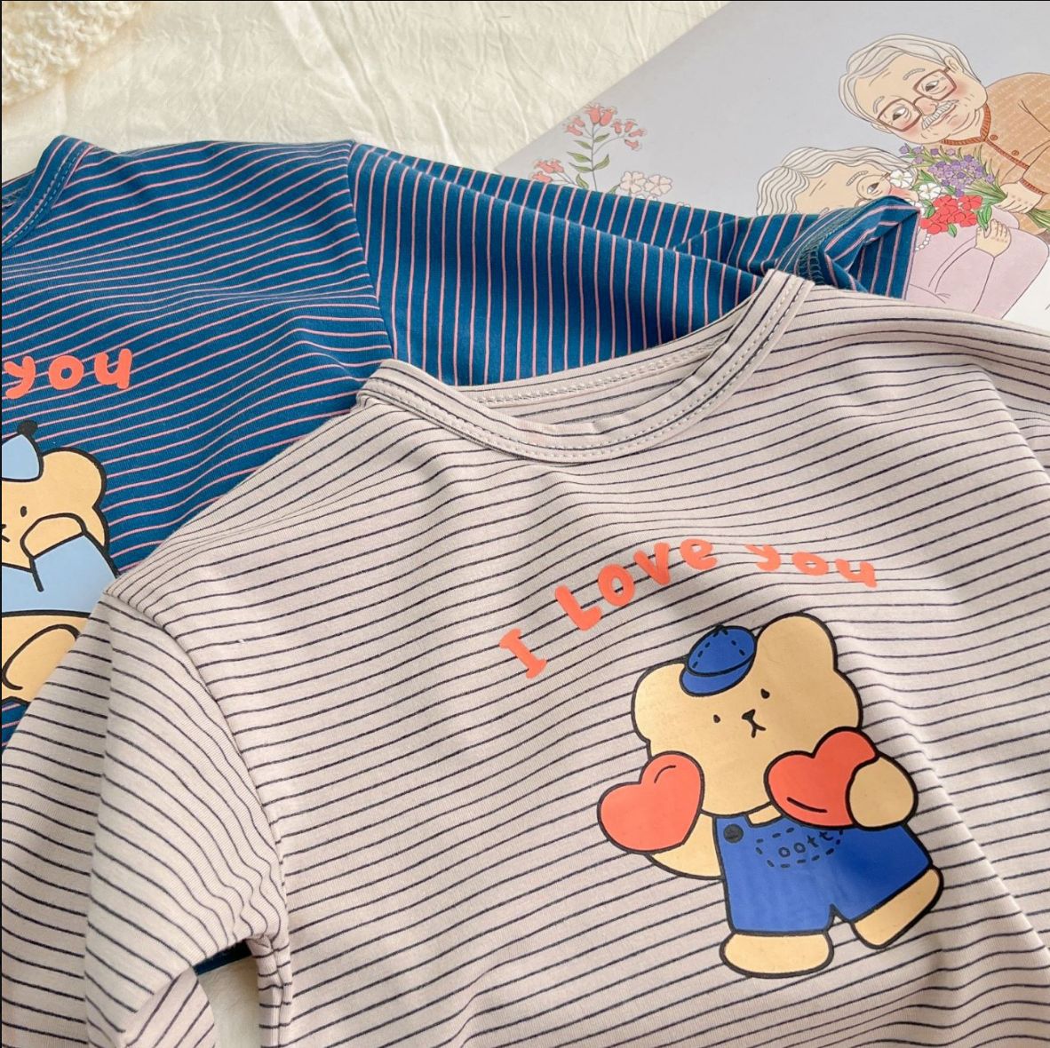 Frühling Herbst Baby lang Ärmel T Shirt niedlich Bär drucken T Hemden Pro Jungen Baumwolle Spitzen lose Kinder gestreift T Shirt Mädchen Tee