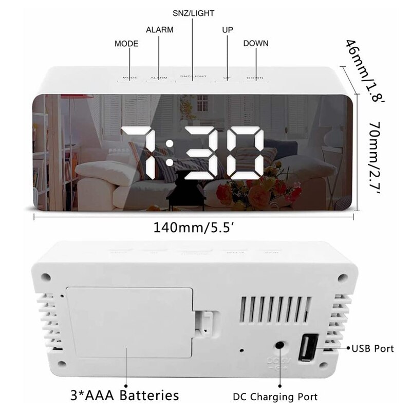 W&G Digital Mirror Alarm Clocks With Temperature Led Display Snooze Time Adjustable Brightness For Bedroom Office Clock with USB