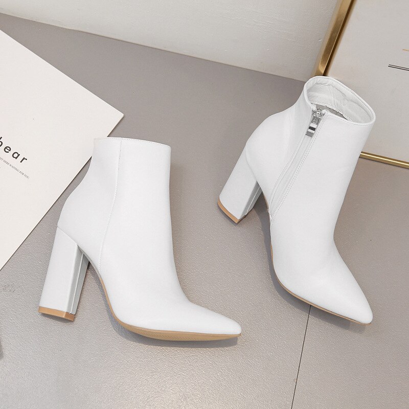 Botines de para mujer, botas Chelsea, zapatos blancos, botines de tacón alto gruesos sexys con cremallera lateral y punta estrecha para Otoño e Invierno