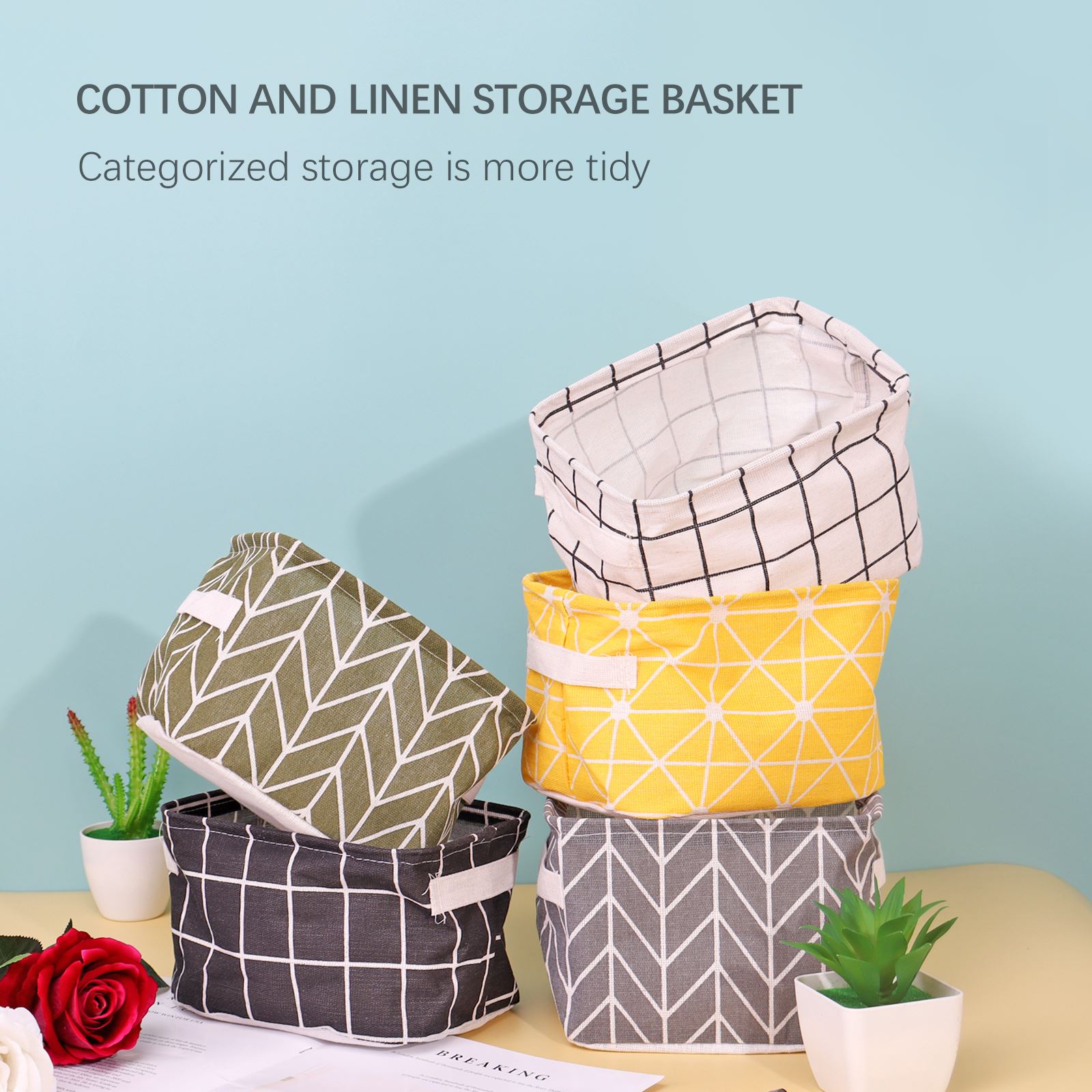 Linen Desktop Storage Basket Sundries Toy Storage Box Organizer Cosmetic Book Organizer Home Office Stationery Container Basket