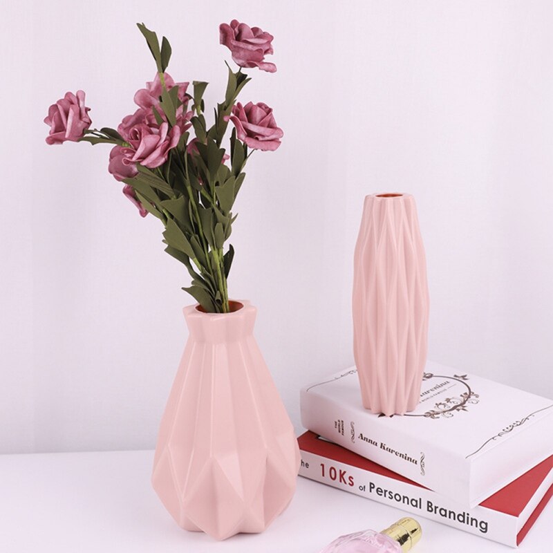 Florero de plástico Origami blanco rosa imitación cerámica florero cesta de flores arreglo contenedor decoración del hogar