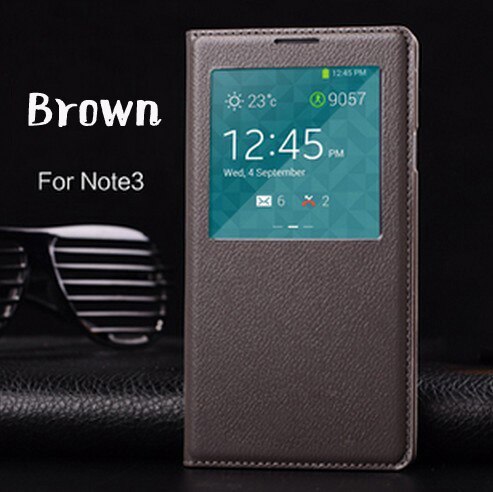 Flip Cover Leather Phone Case For Samsung Galaxy Note 3 Note3 Not III SM 9005 N900 N9005 SM-N900 SM-N9005 Smart View Sleep Wake: Brown