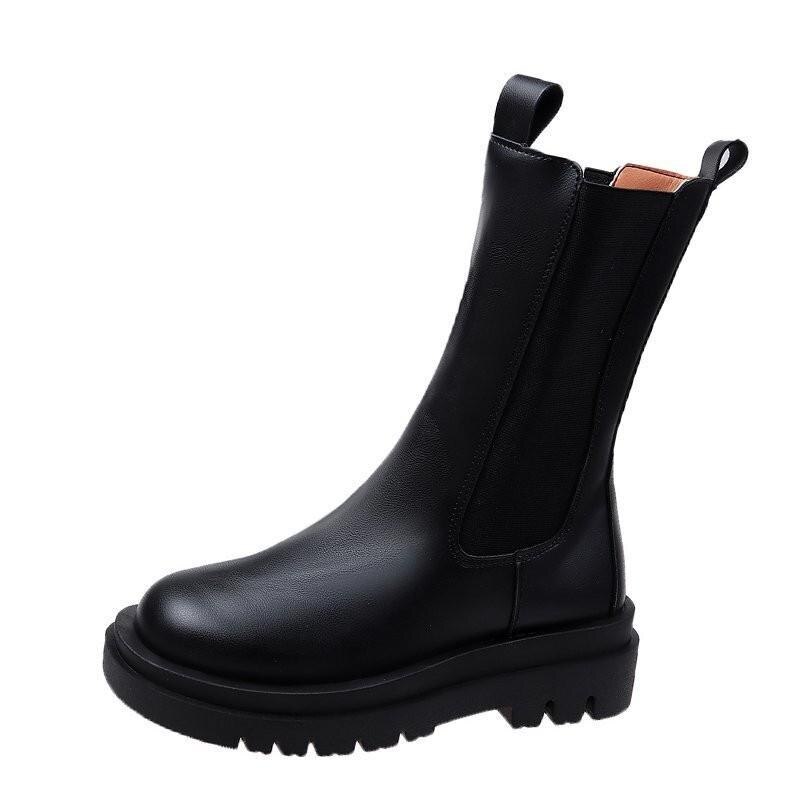 Kvinnor botas fyrkantig tå plattform tjock klack mid-calf boots kvinna slip-on chelsea booties höst vinter vit: Svart / 35
