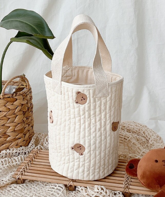 Quilted cotton Organizer bag Embroidery portable bucket bag lunch bag mommy bag Baby stroller storage diaper bags: Little bear