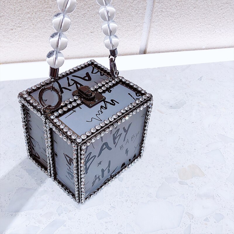 Diamant vierkante doos stijl reflecterende letter dames feest handtas schoudertas crossbody tas vrouwelijke ketting portemonnee