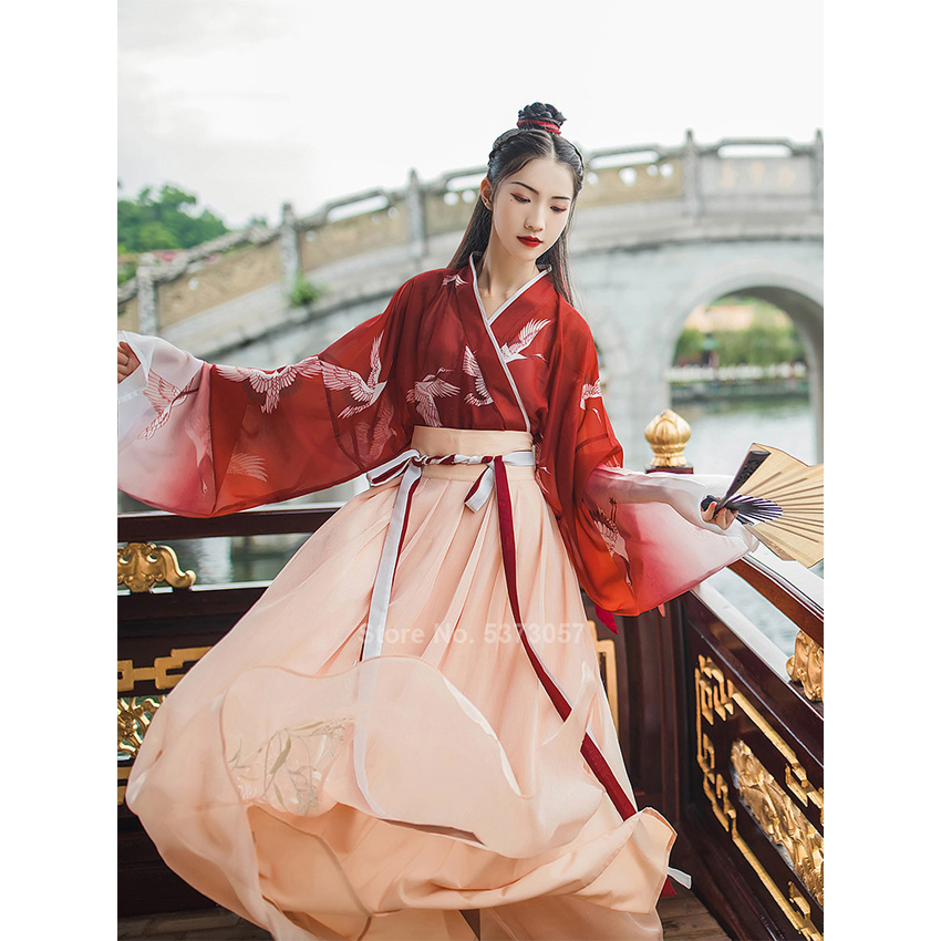 Vestido de danza folclórica del Festival de ropa tradicional china Hanfu para las mujeres niñas Retro de la vendimia de la grúa de hadas bordado de gasa conjunto rojo