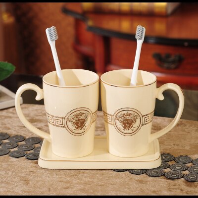 Juego de accesorios de baño de cerámica para cepillos de dientes taza de gárgaras con bandeja estilo europeo 3 piezas Set de de boda: 3 Pieces Set C