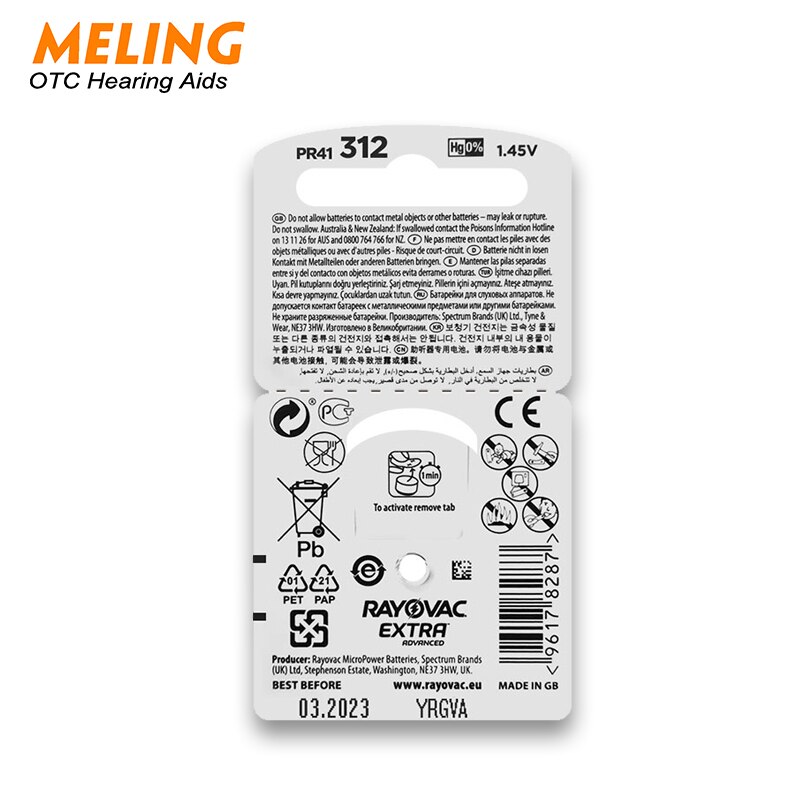 Meling 60 PCS Rayovac Extra Performance Hearing Aid Batteries 312 312A A312 PR41 Zinc Air Hearing Aid Battery