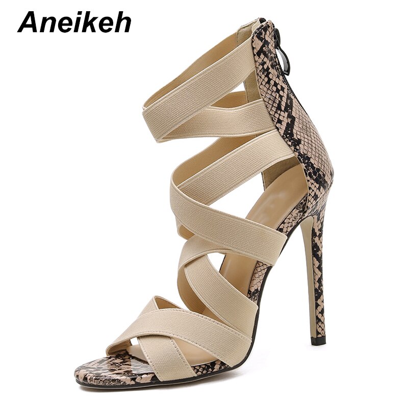 Aneikeh été femmes chaussures sandales croisées Stretch tissu Rome fermeture éclair talons minces bride à la cheville fête bout rond 35 ~ 40: apricot / 40