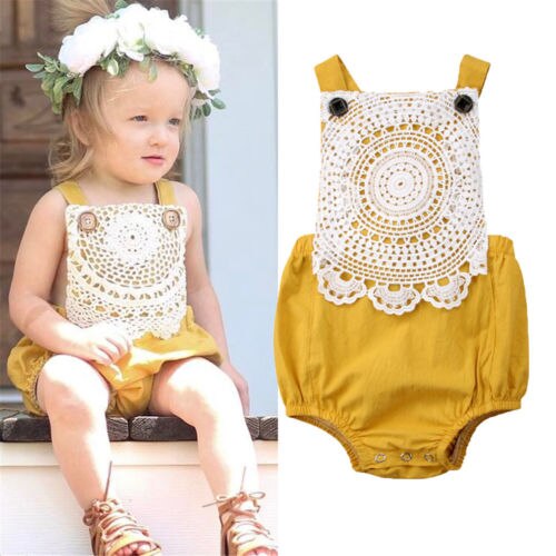 0-24M Zomer Leuke Baby Kids Baby Meisjes Bodysuits Lace Bloemen Mouwloze Geel Jumpsuits