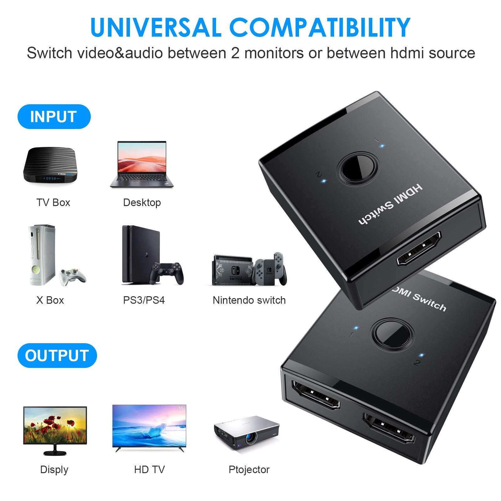 HDMI Splitter 4K HDMI Switch 2 puertos bidireccional HDMI Switcher para Xiaomi Mi Box 1x 2/2x1 Adaptador 2 en 1 Out para PS4 Smart TV