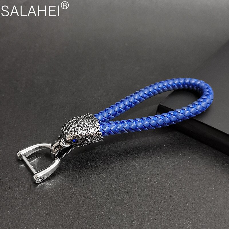 Animal Eagle Head Keychain Horsebuckle Leopard Head Metal Key Chain Luxury Car Keyring Hand Woven Jewelry: B-blue