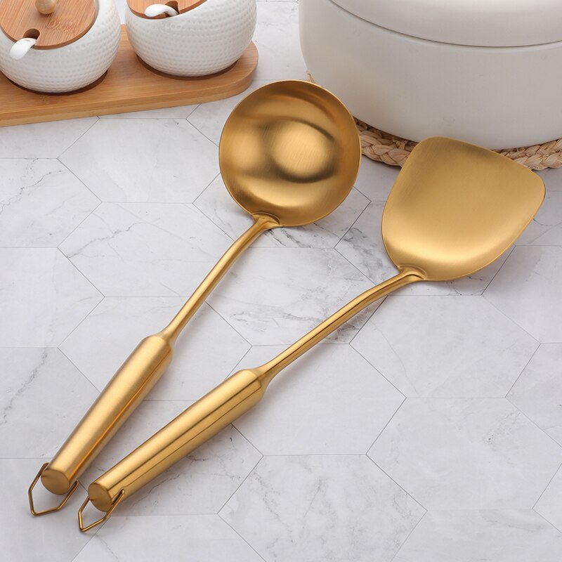 2 Stuks Rvs Europese Spatel Pollepel Lepel Set Goud Pollepel Lepel Koken Tool Set Resuable Keuken Spatel Turner Gebruiksvoorwerp: gold set