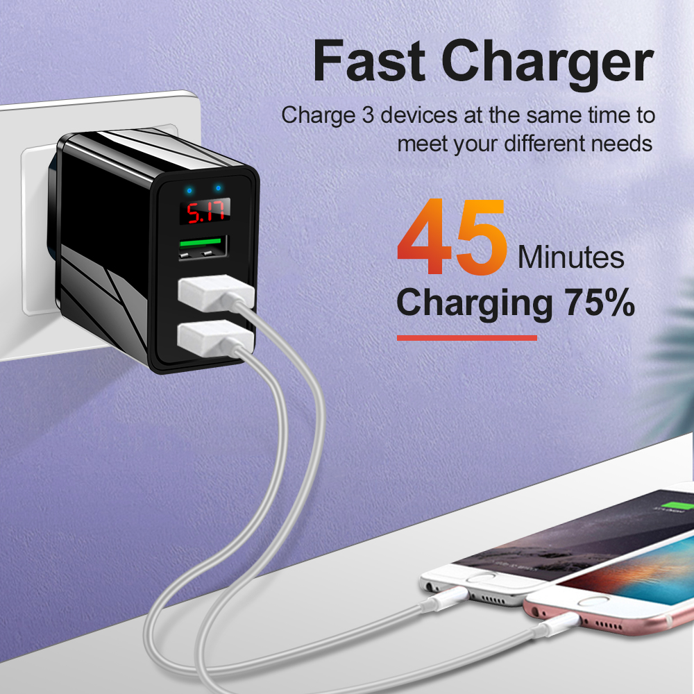 Usb Charger Led Digitale Display Voor Iphone11 7 8 Samsung S8 S9 S10 Plus Eu Ons Uk 3 Port Usb mobiele Telefoon Oplader Adapter