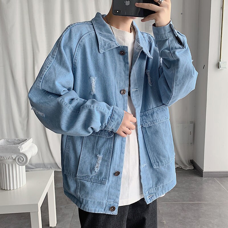 Lente Gat Denim Jas Heren Mode Retro Casual Gat Blauwe Denim Jas Mannen Streetwear Wilde Losse Hip Hop Bomber jas Mannen: XL