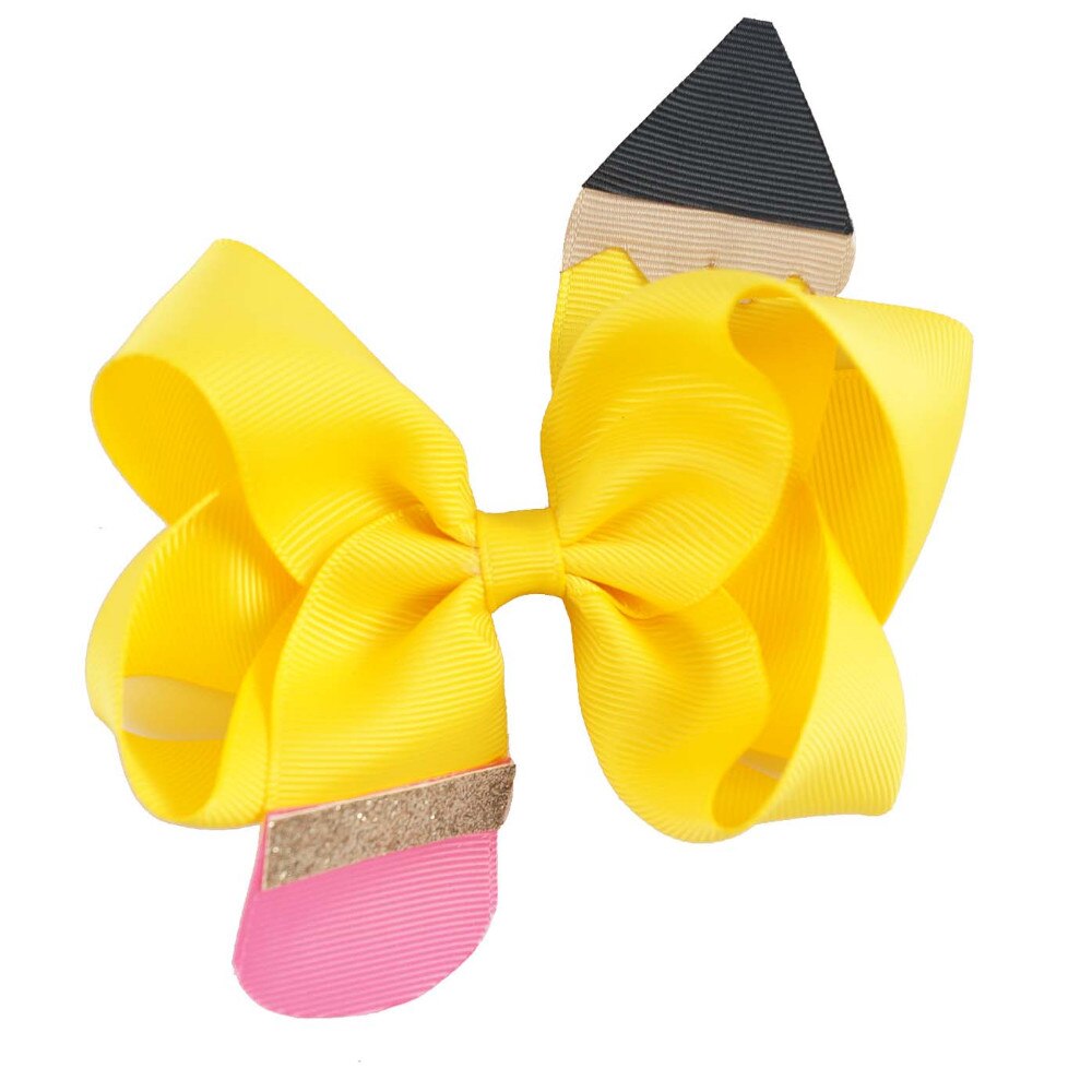 6 uds hecho a mano 4,5 "lápiz volver a la escuela moño para cabello con Clip para niñas Boutique lápiz horquilla accesorios de graduación preescolar: Amarillo