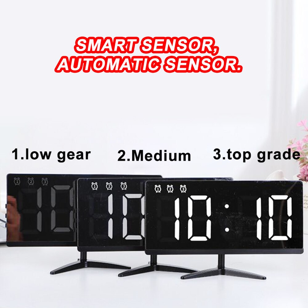 Digital LED Mirror Alarm Clock Dimmable LED Light Sensor Time Bedside Clock 3