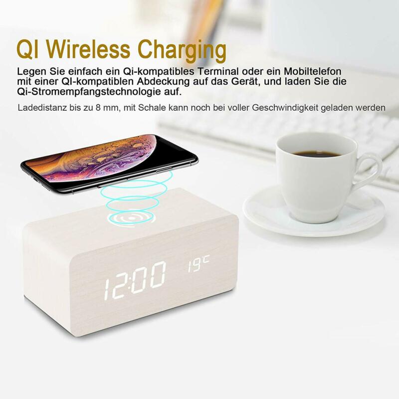 4 Kleuren Moderne Houten Digitale Led Desk Wekker Thermometer Qi Draadloze Oplader Voor Home Office