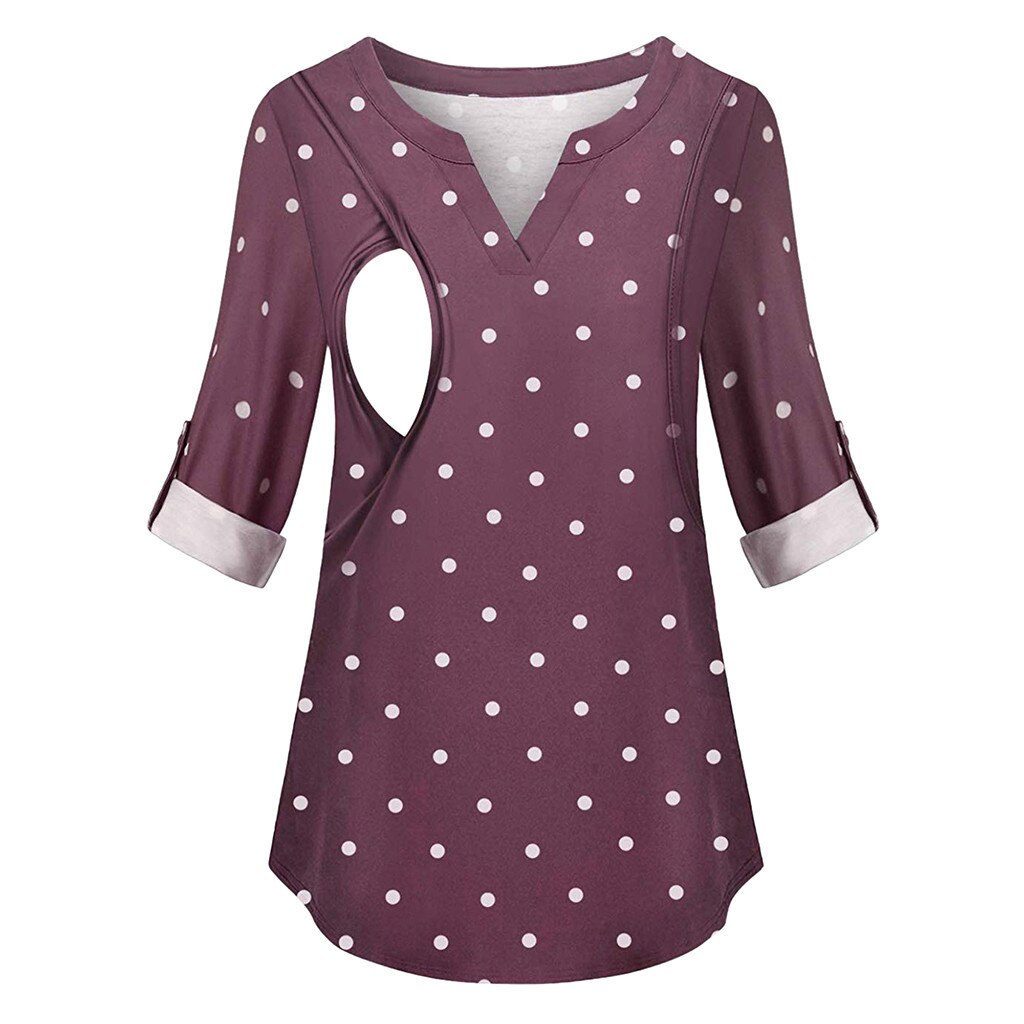 Summer Pregnancy Shirt Plus Size Maternity Clothes Nursing Top Polka Dot Print Breastfeeding Clothes Pregnant Ropa Embarazada: Purple / XL