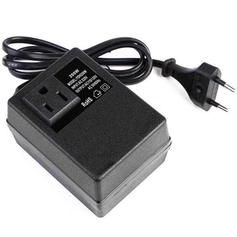 Conversor de voltagem 200w, transformador 220v para 110v step down e tomada estilo eu