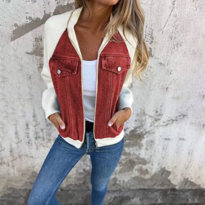 Patchwork-Stil schöNe Stehkragen Jacken weiblichen Reiß verschluss wilde schlanke Jeans mäntel Spitzen Herbst Winter Oberbekleidung
