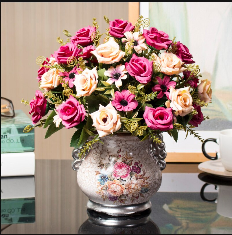 1set European artificial flower+vase living room home table wedding decor potted bonsai ornament silk flores +Ceramic vase: k1