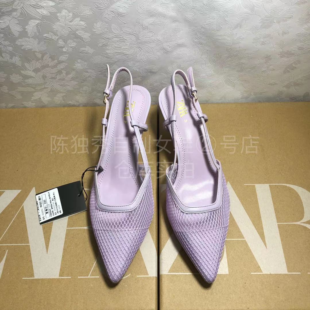 Sandalias de tacón alto de gato para mujer, zapatillas con puntera en la espalda y tacón fino con correa, color morado