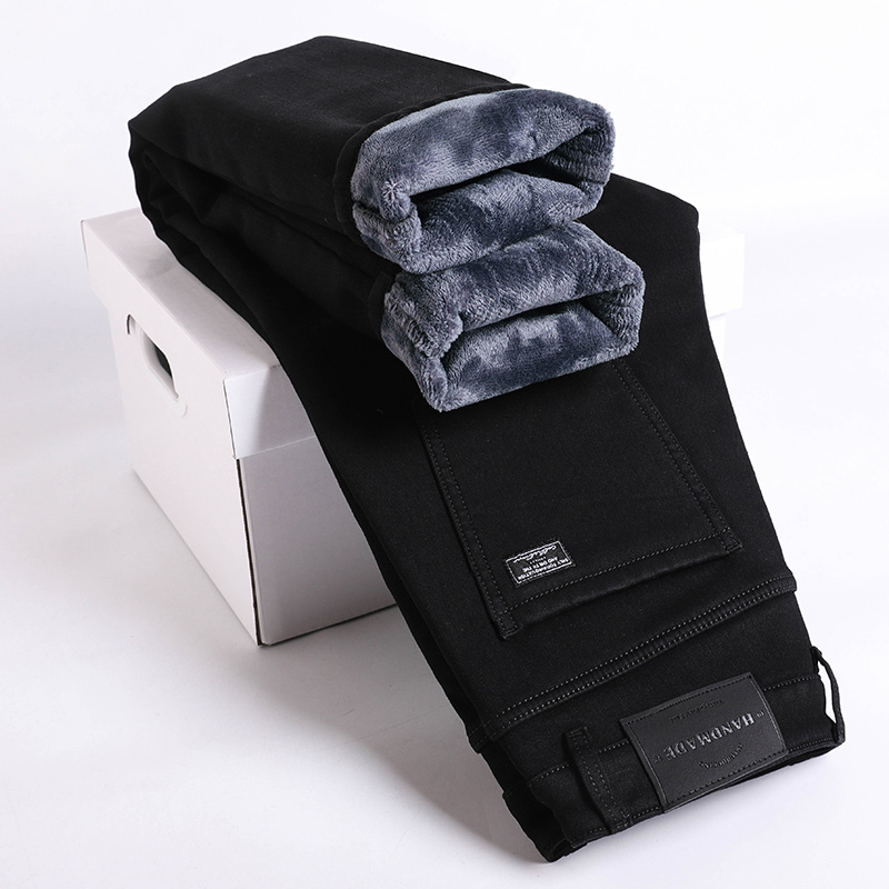 Winter Fleece Thick Warm Jeans Men's Slim Straight Elastic Denim Pants Casual Male Clothing Plush Trousers: 28 / black