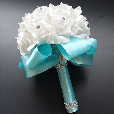 Handmade Beautifu Lilac Bridal Bridesmaid Flower Wedding Bouquet Artificial Rose Ribbon Crystal Bouquets de noiva: Tiffany blue