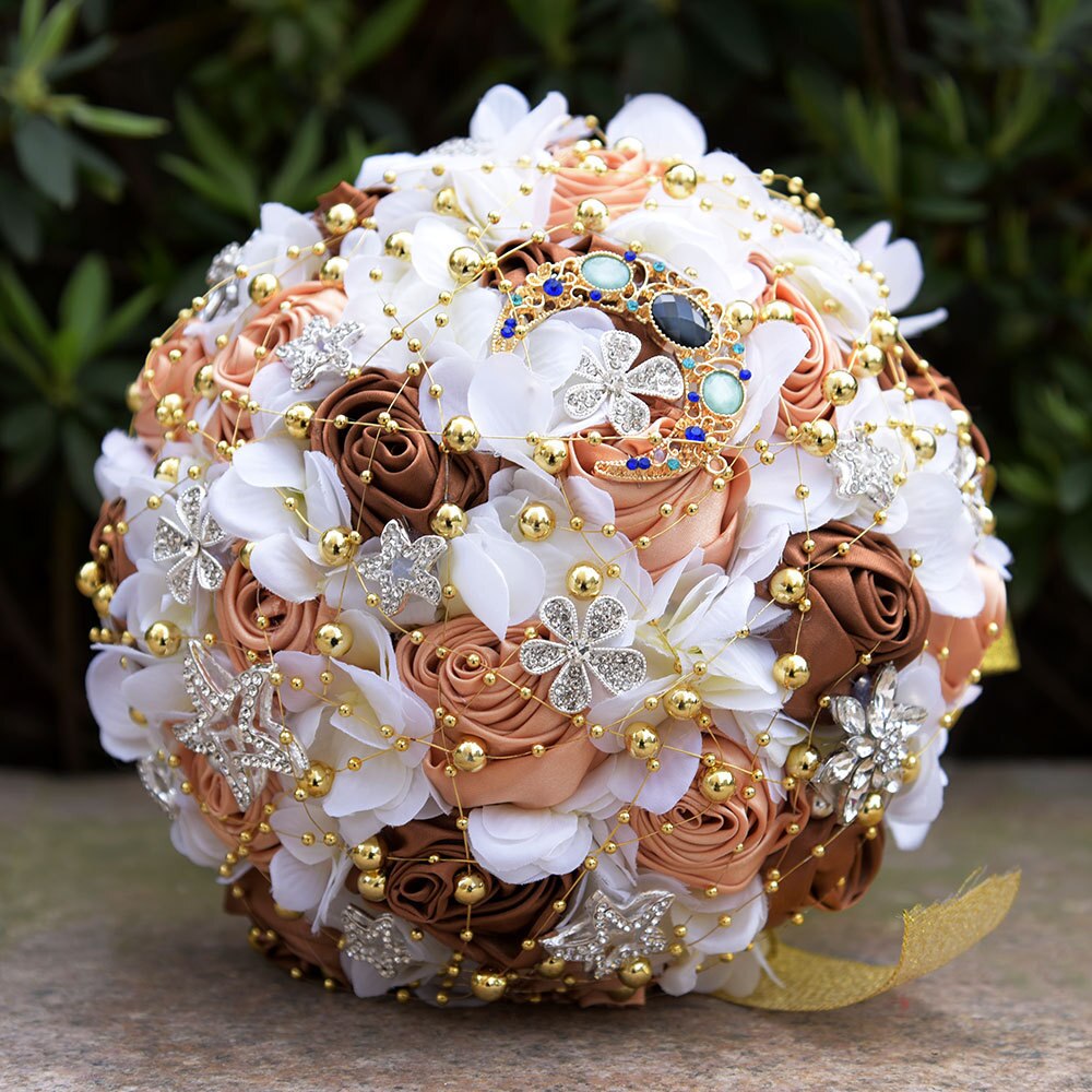 Janevini bling bling rhinestone lyserøde blomster luksus stjerner brude smykker kunstig hortensia krystal måne bryllup buket: Champagne