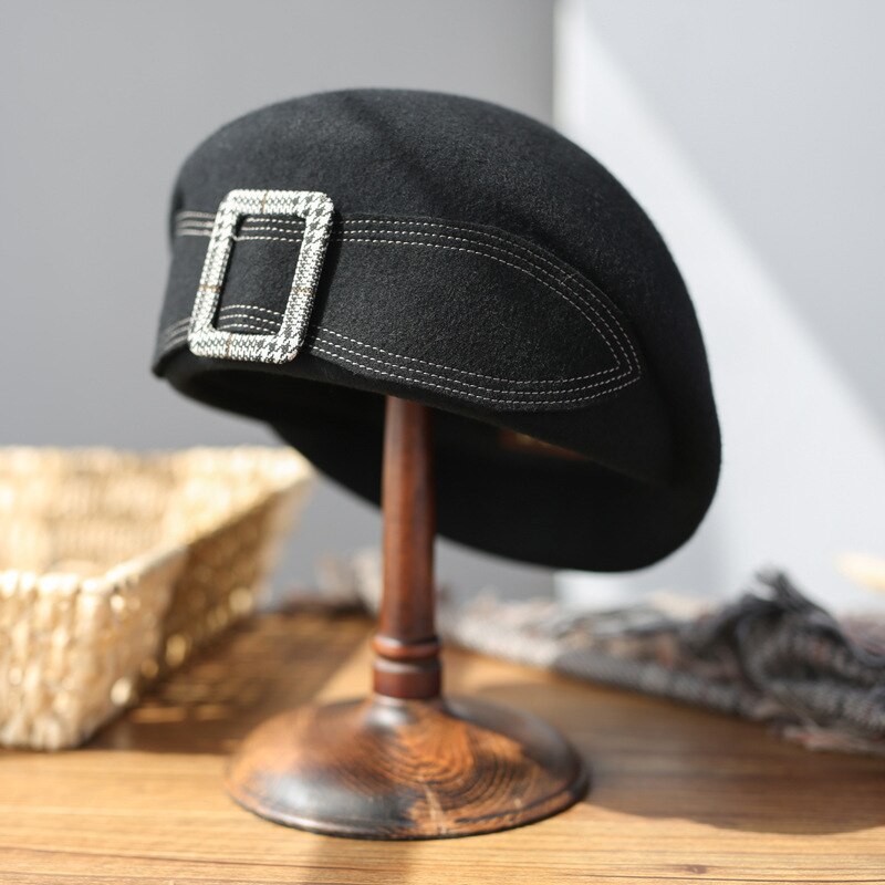 Boina clásica para mujer, sombrero de fieltro de lana elegante, cálido, de invierno, sombrero Fedora, sombrero Formal: Black