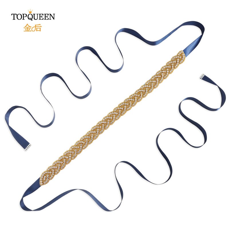 Topqueen  s216- g guld midjebälte fancy strass skärp guldpärlor brudbälte guld bälte för kvinnor bälten bröllop skärp bröllop: Marinblå