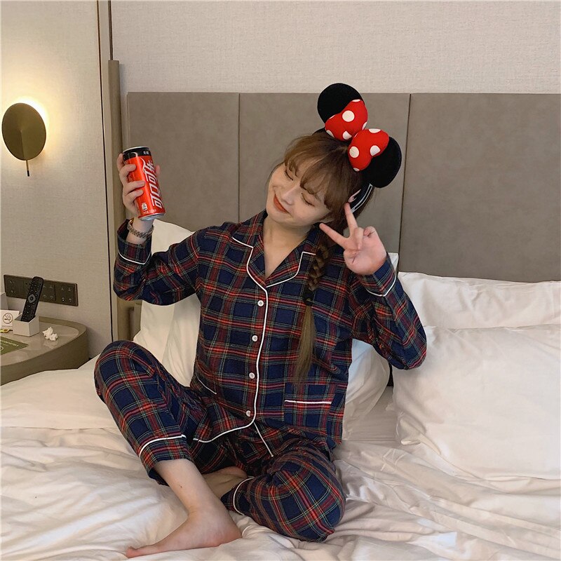women’s korean pajamas plaid pajama sets simple homesuit loose cotton ladies two-piece long sleeve spring autumn nightwear L020