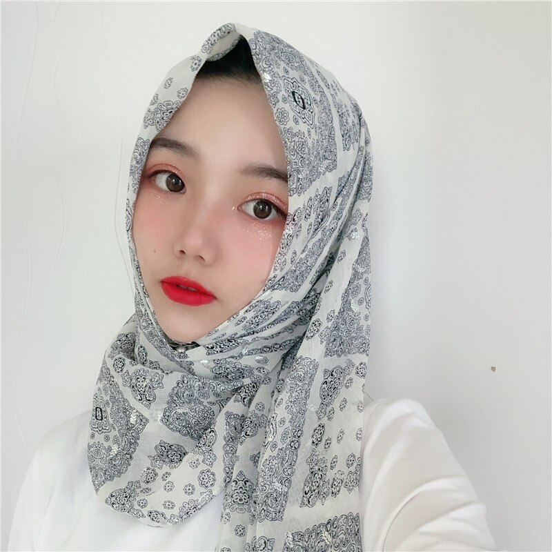 Muslim headscarf retro chiffon crepe scarf silver print long scarf Dubai headscarf hijab: White