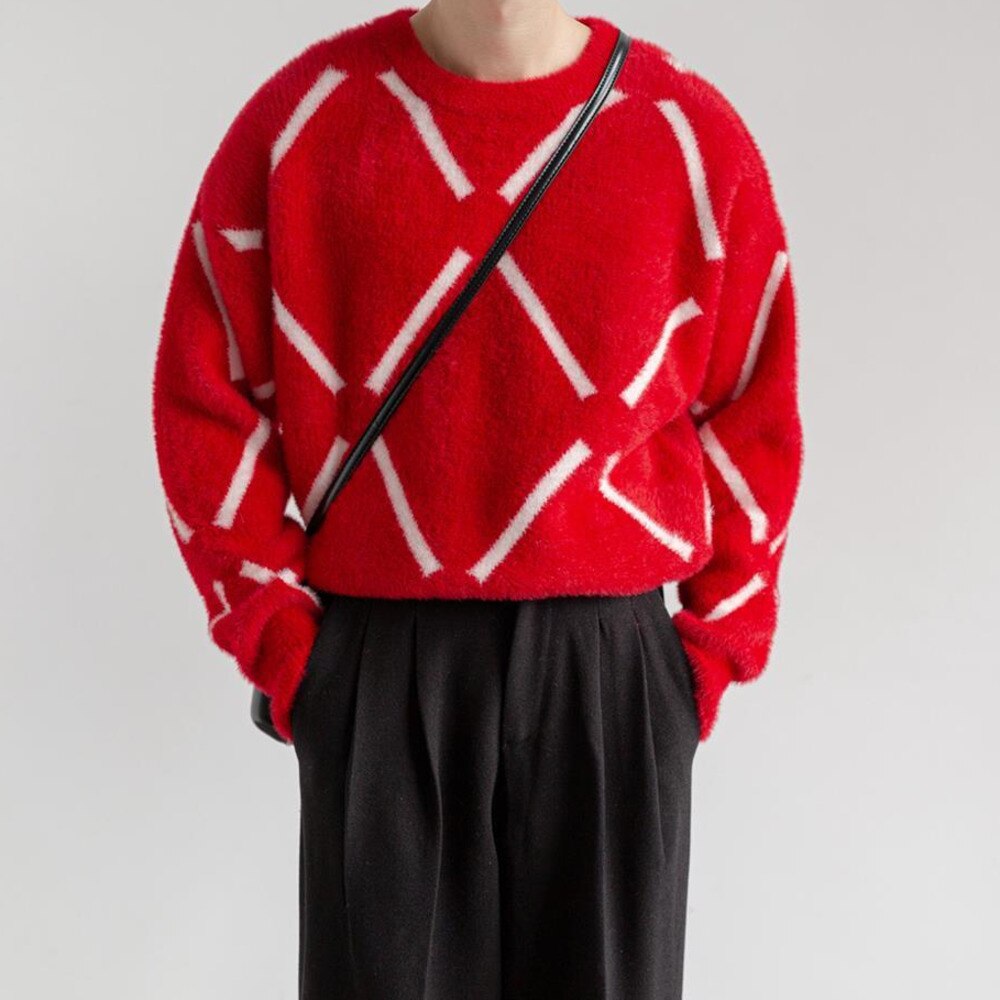 Pull épais en losange pour homme, Style Preppy coréen, Simple, confortable, , col rond, rouge, noël, ample, hiver: Red / XL